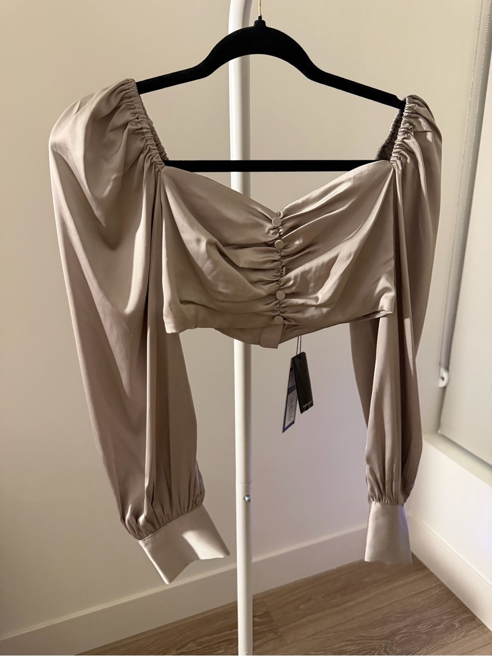 Ruched Button-Front Off-Shoulder Crop Blouse in Taupe